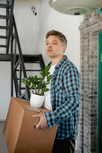 A man with short grey hair carries a moving box that has a plant on top of it. He is wearing a blue and black check shirt that is open over a white t-shirt. Behind him are a set of black stairs.