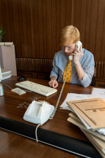 A man with short strawberry hair, a blue shirt, and yellow tie talks on a landline. He is sitting at a desk with old fashioned computer and files on it.