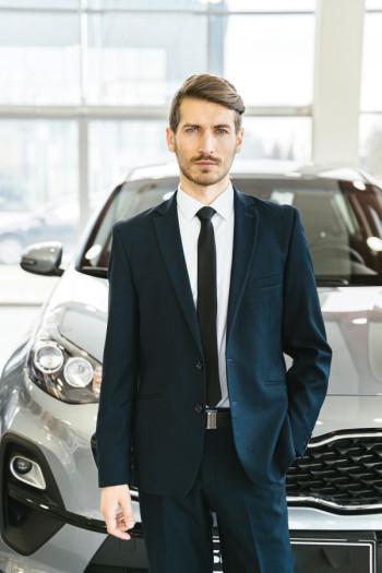 A man in a suit stands in front of a car for sale.