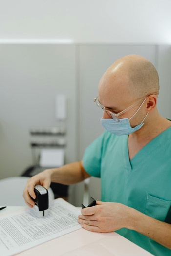 A doctor in scrubs and wearing a mask stamps an open paper file