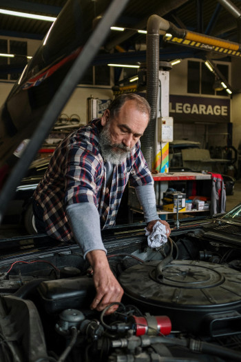 A bearded man reaches into a car engine, fixing something.