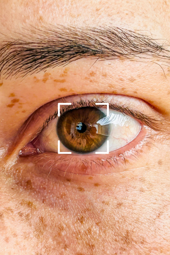 A close up of a person's brown eye with four corners of a white square surrounding the iris, as though it's being scanned. The person has light skin and freckles.