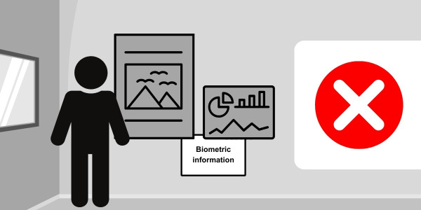 A graphic shows a person standing in front of a wall with posters on it. The poster labelled Biometric information is smaller, lower, and partially covered by the other two posters on the wall. A large red x to the right shows that this is not a good display of Biometric information.