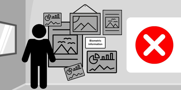 A graphic shows a person standing in front of a wall with posters on it. The poster labelled Biometric information is surrounded by a lot of other posters and is smaller than most of them. A large red x to the right shows that this is not a good display of Biometric information.