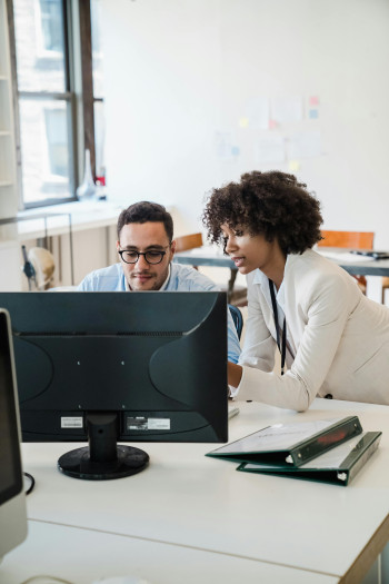 Two colleagues look at a computer screen. One is seated and the other leans over to discuss something.